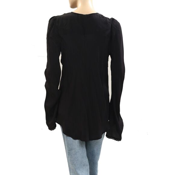Free people Bali Ariel Tunic Tie Top Embroidered Lace Bell Sleeve Black M 284103 - Picture 7 of 9